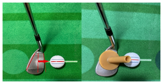 フェース中央をボールと垂直に置く（左）と、フェース中央にゴムティーを置いてもボールと垂直になる（右）